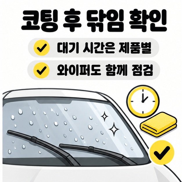 물방울이 맺힌 깨끗한 앞유리와 와이퍼, 시계와 천으로 나타낸 제품별 대기 시간 및 닦임 점검 안내
