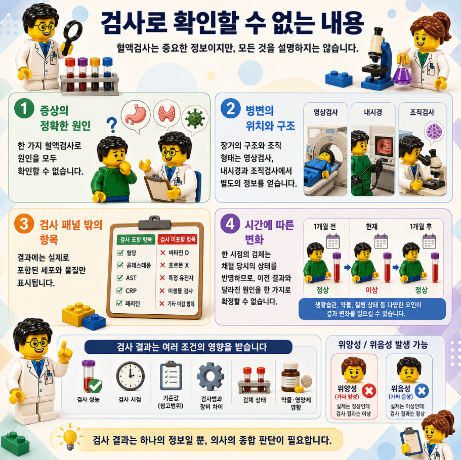 혈액검사로 확인할 수 있는 내용과 확인할 수 없는 내용을 비교하여 설명한 레고 스타일 메디컬 인포그래픽