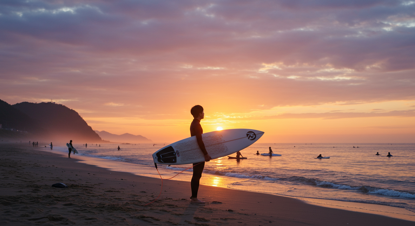 양양 죽도해변에서 서핑보드를 들고 일출을 보는 한국인 서퍼