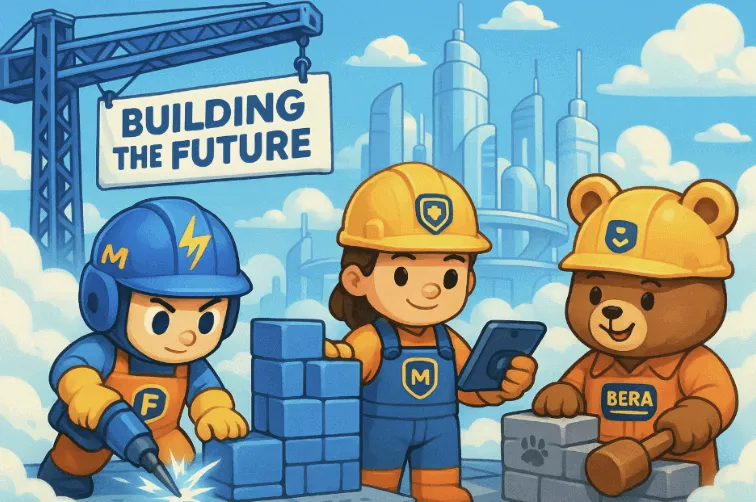 블록체인 운영체제를 건설 중인 네 명의 귀여운 캐릭터들. Monad, Fuel, Movement, Berachain이 각각 고속 드릴, 블록 조립, 태블릿 설계, 망치를 들고 미래 도시를 짓는 모습. 'BUILDING THE FUTURE'라는 현수막이 떠 있는 밝고 협동적인 픽사풍 일러스트 (Blockchain OS construction image with Monad, Fuel, Movement, Berachain characters)