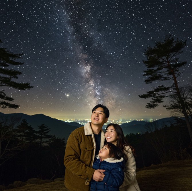 아이와 같이 밤하늘의 별을 보는 장면