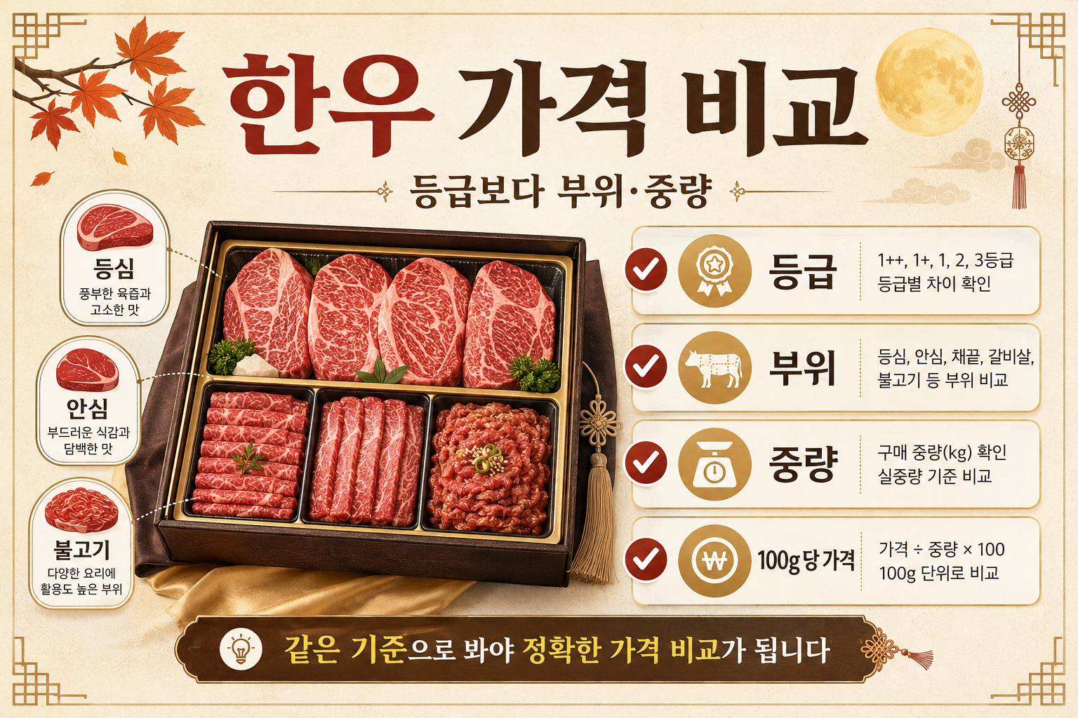 2026 추석 한우 가격을 등급 부위 중량 100그램당 가격으로 비교하는 이미지