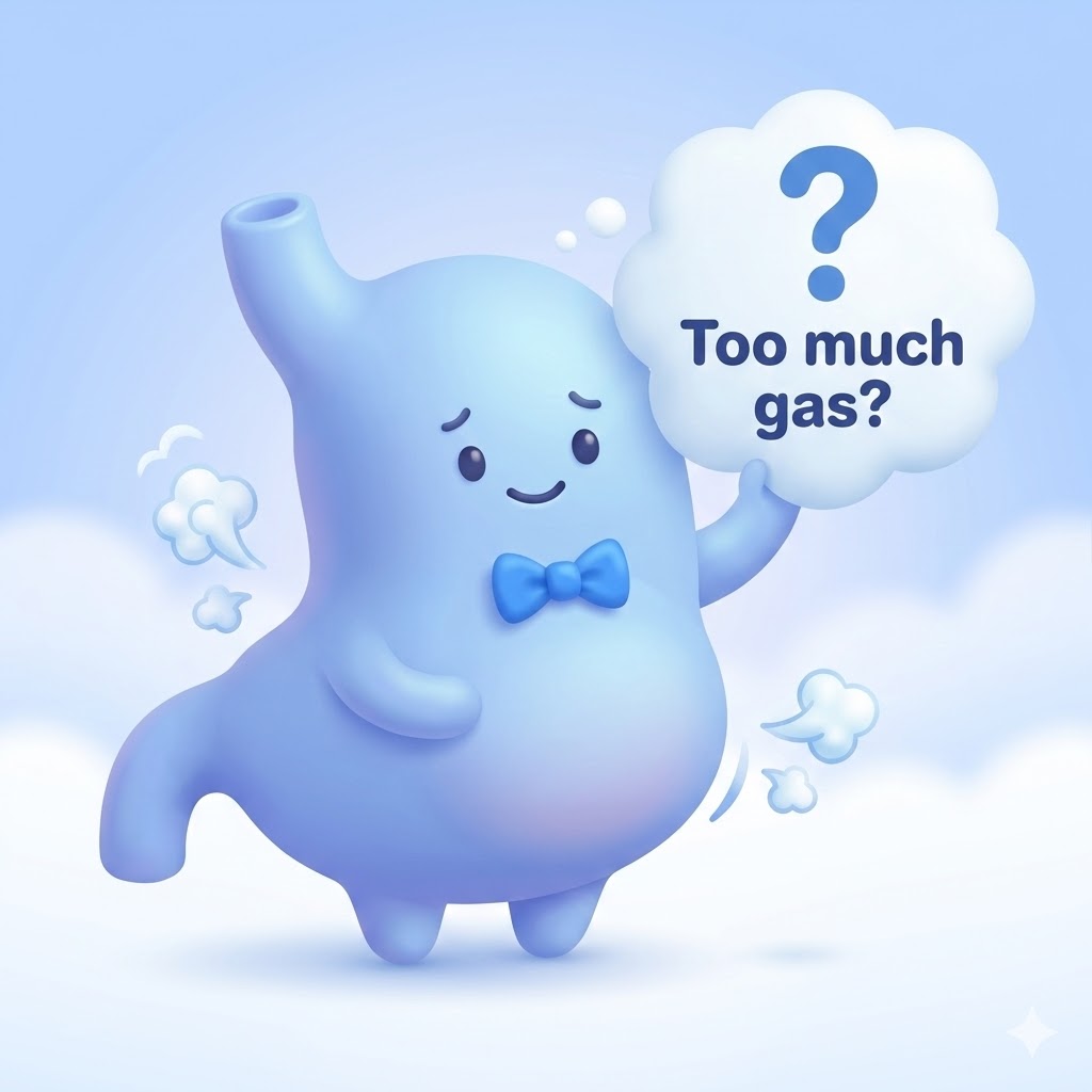 배에 가스가 가득 차 조금 불편해 보이지만 귀엽게 웃고 있는 위장 캐릭터가 잦은 방귀 증상에 대해 고민하는 모습.