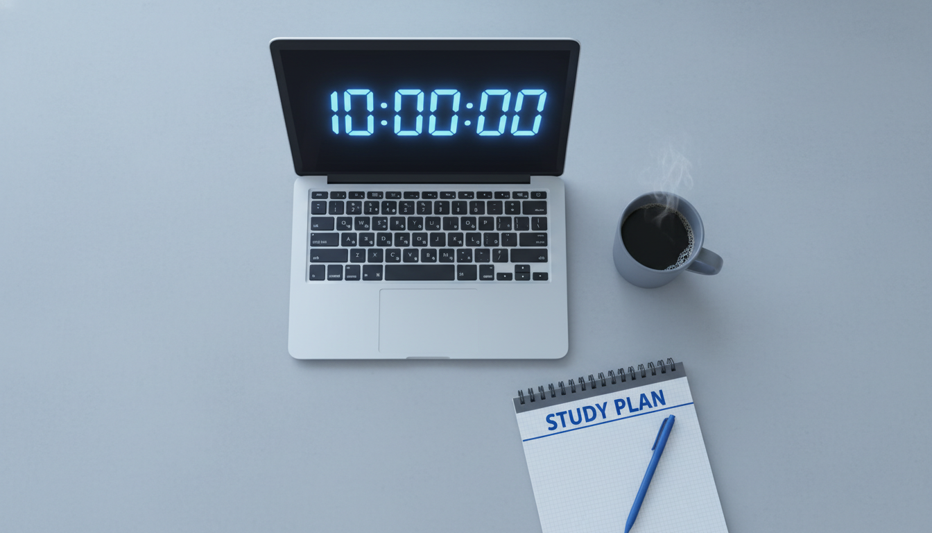 네온 블루 색상으로 10시 정각을 가리키는 서버 시간 시계와 노트북