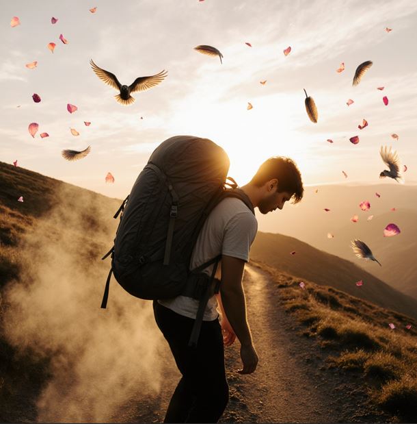 산길 언덕길에서 한 사람이 무거운 배낭을 메고 있다.
배경은 일출로 새로운 시작을 상징하고 앞쪽에는 밝고 환한 길이 펼쳐져 있다.
주변에는 새들이 자유롭게 날아다니고 있어 해방감을 표현 한다.