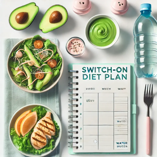 스위치온 다이어트를 상징하는 식단 플래너와 건강식품 세팅