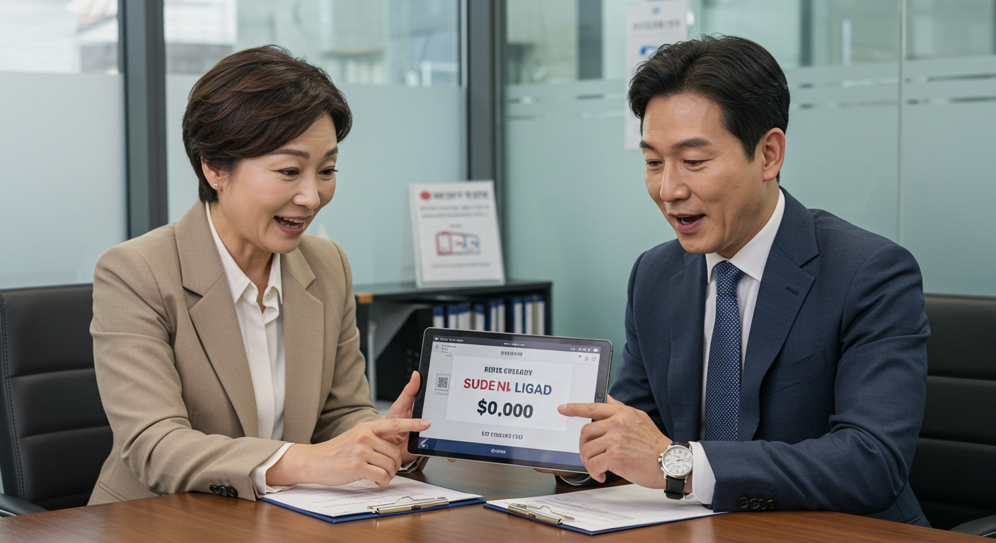 DSR 초과 전문 상담사와 함께 저축은행에서 높은 주택담보대출 한도를 확인하고 기뻐하는 모습