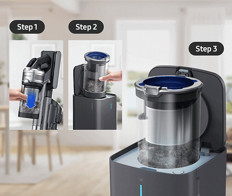 Wireless vacuum cleaner with filters and dust container being cleaned, demonstrating proper maintenance.