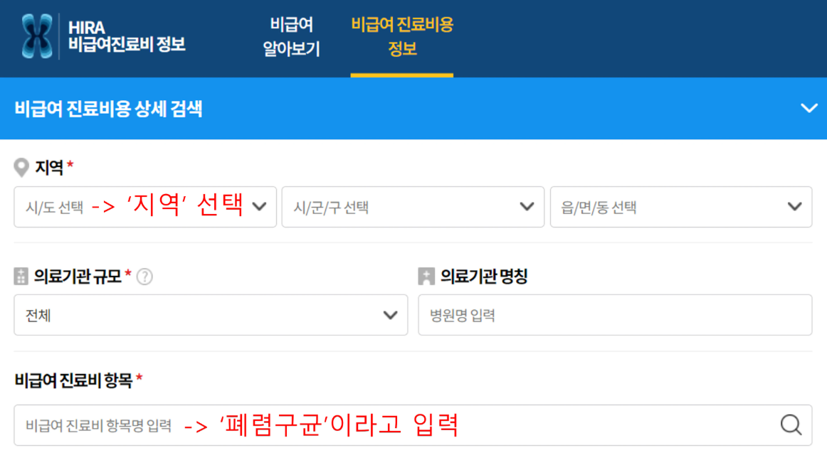비급여 진료비용 검색 화면
