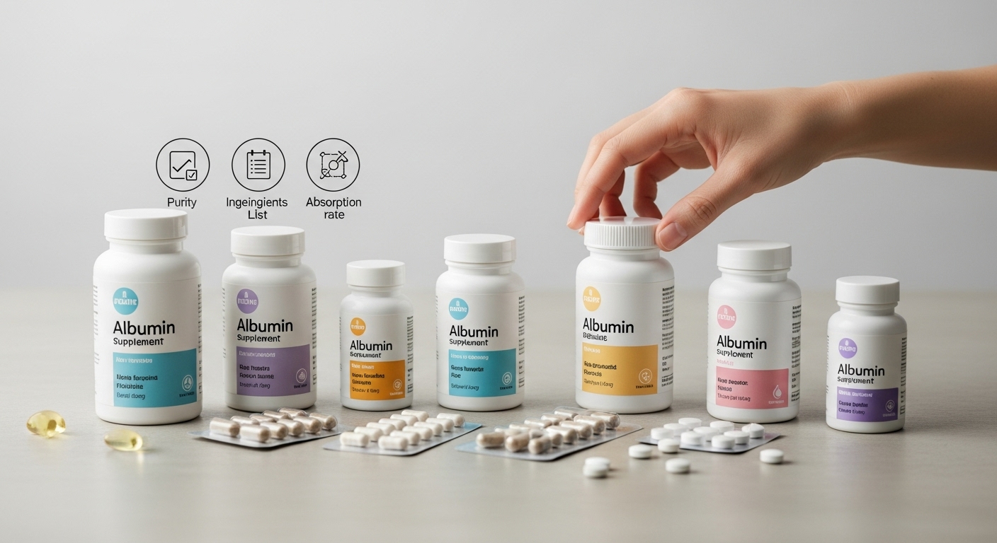 다양한 종류의 알부민 영양제 제품들이 나란히 놓여있고, 성분표와 흡수율을 상징하는 아이콘이 함께 있는 이미지.