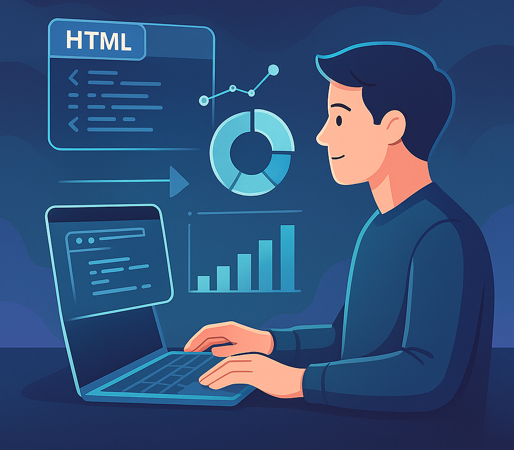 한 개발자가 HTML로 화면 개발을 하며 동시에 차트로 데이터 시각화를 하고 있는 모습