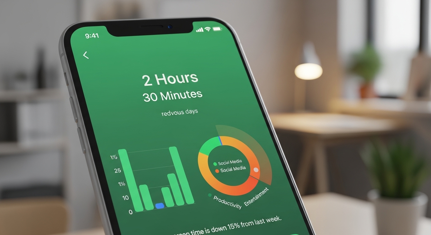 스마트폰 화면에 표시된 디지털 사용 시간 관리 앱. 사용 통계와 타이머가 보이며, 스마트폰 사용을 의식적으로 줄이는 모습을 나타냅니다.