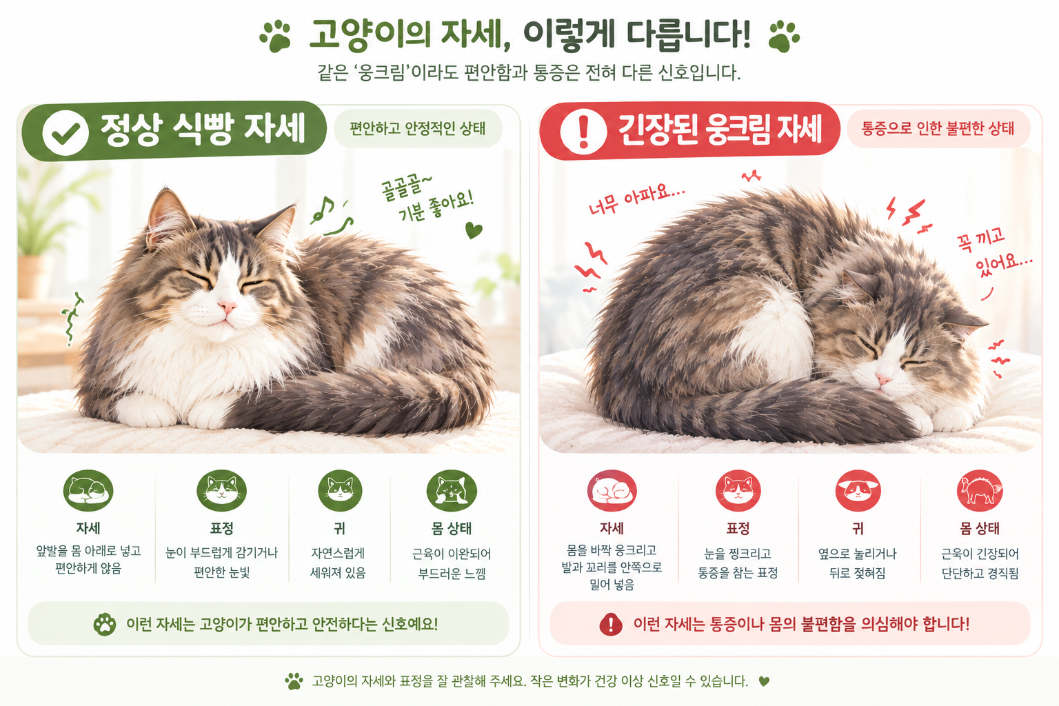 편안한 식빵 자세와 아픈 웅크림 자세 비교 일러스트