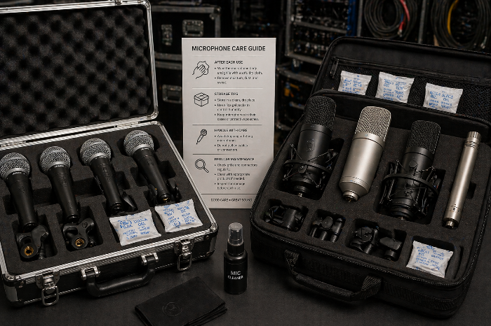 다이내믹 마이크와 콘덴서 마이크를 안전하게 보관한 이미지