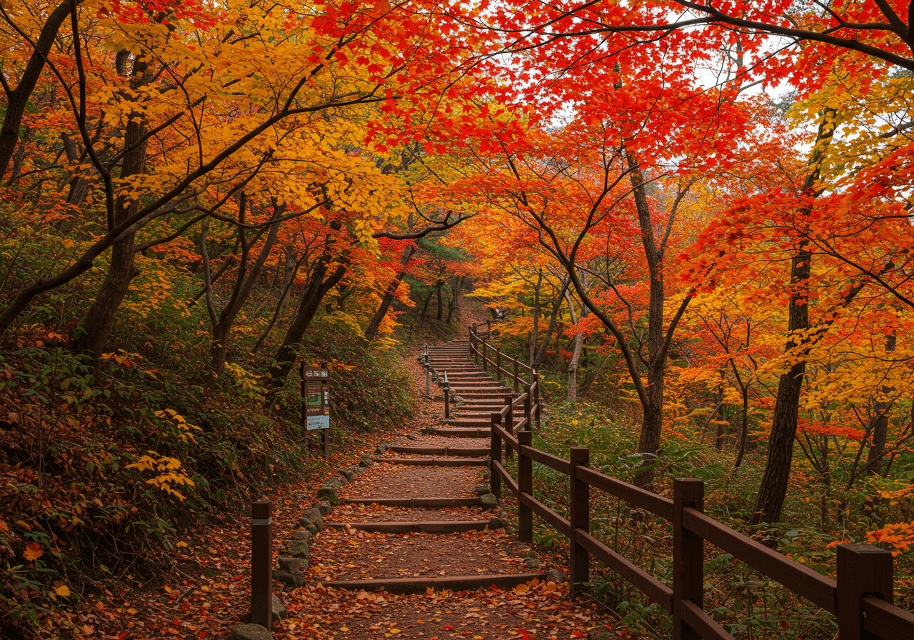 가을 단풍이 절정을 이룬 화담숲 산책로, 경사진 길과 나무 계단이 이어진 풍경