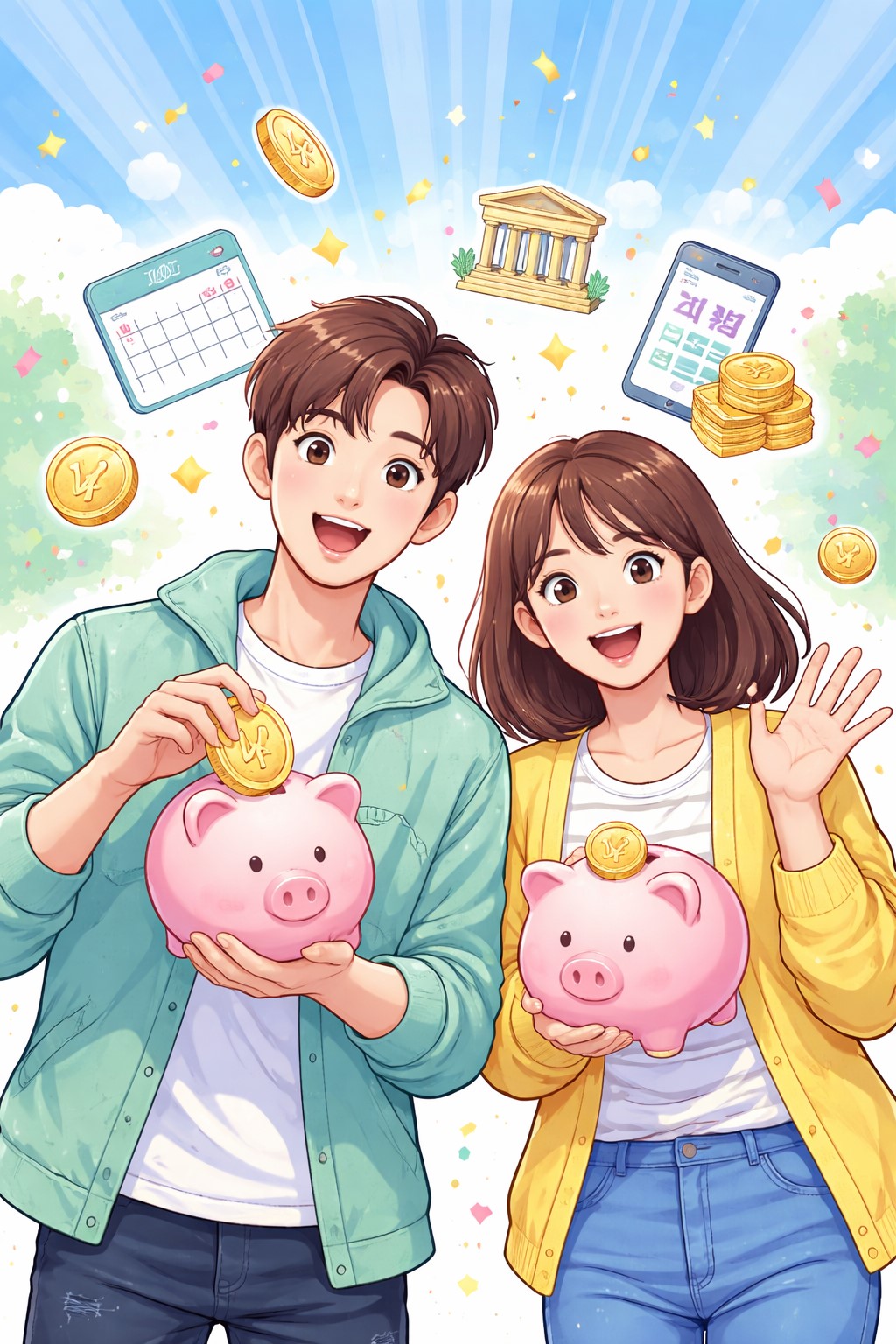 저축의 기쁨을 나누느 청년의 이미지