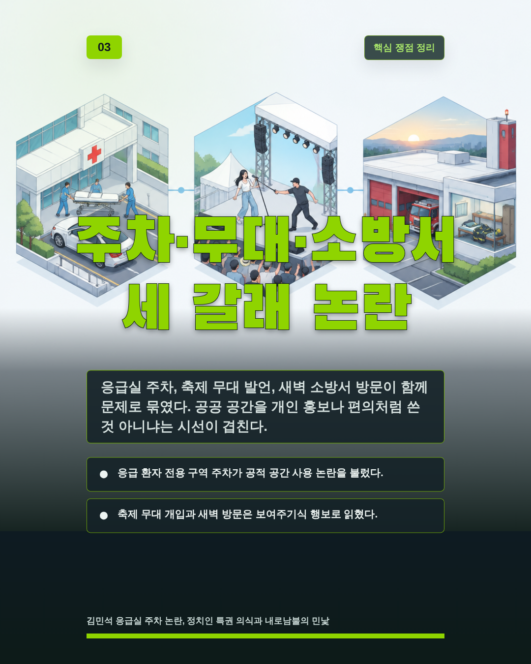 주차·무대·소방서 세 갈래 논란