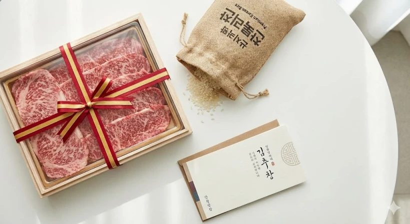 고품질의 한우 세트, 쌀 포대, 지역 상품권 등 다양한 답례품이 하얀 배경 위에 정갈하게 놓여 있는 항공샷(Flat-lay) 이미지입니다. 고급스럽고 먹음직스러운 모습으로 답례품의 퀄리티를 강조합니다.
