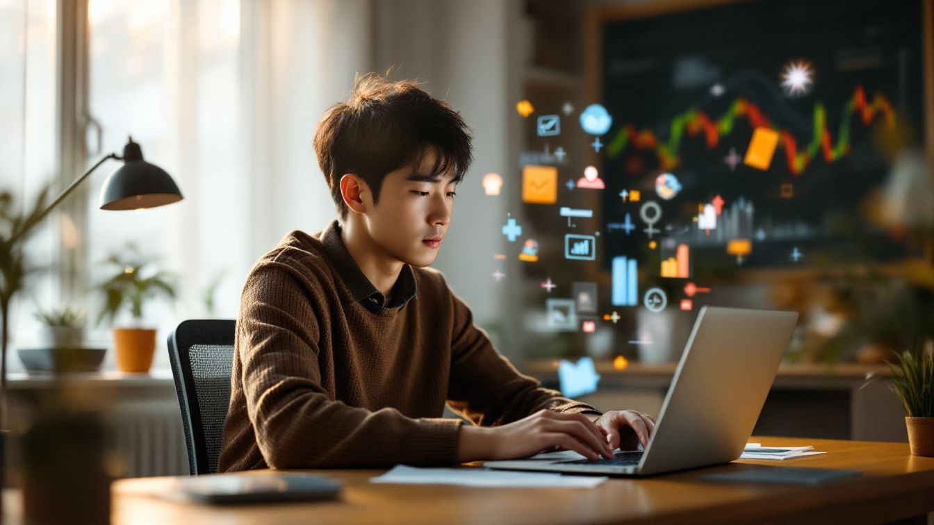 20대 한국 남성이 PER, PBR, ROE 등 주식 투자 용어를 공부하며 노트북으로 분석하는 모습