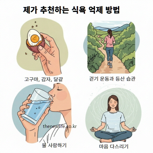 제가 추천하는 식욕 억제 방법 – 고구마 감자 달걀 간식 대체, 걷기와 등산, 물 마시기, 마음 다스리기