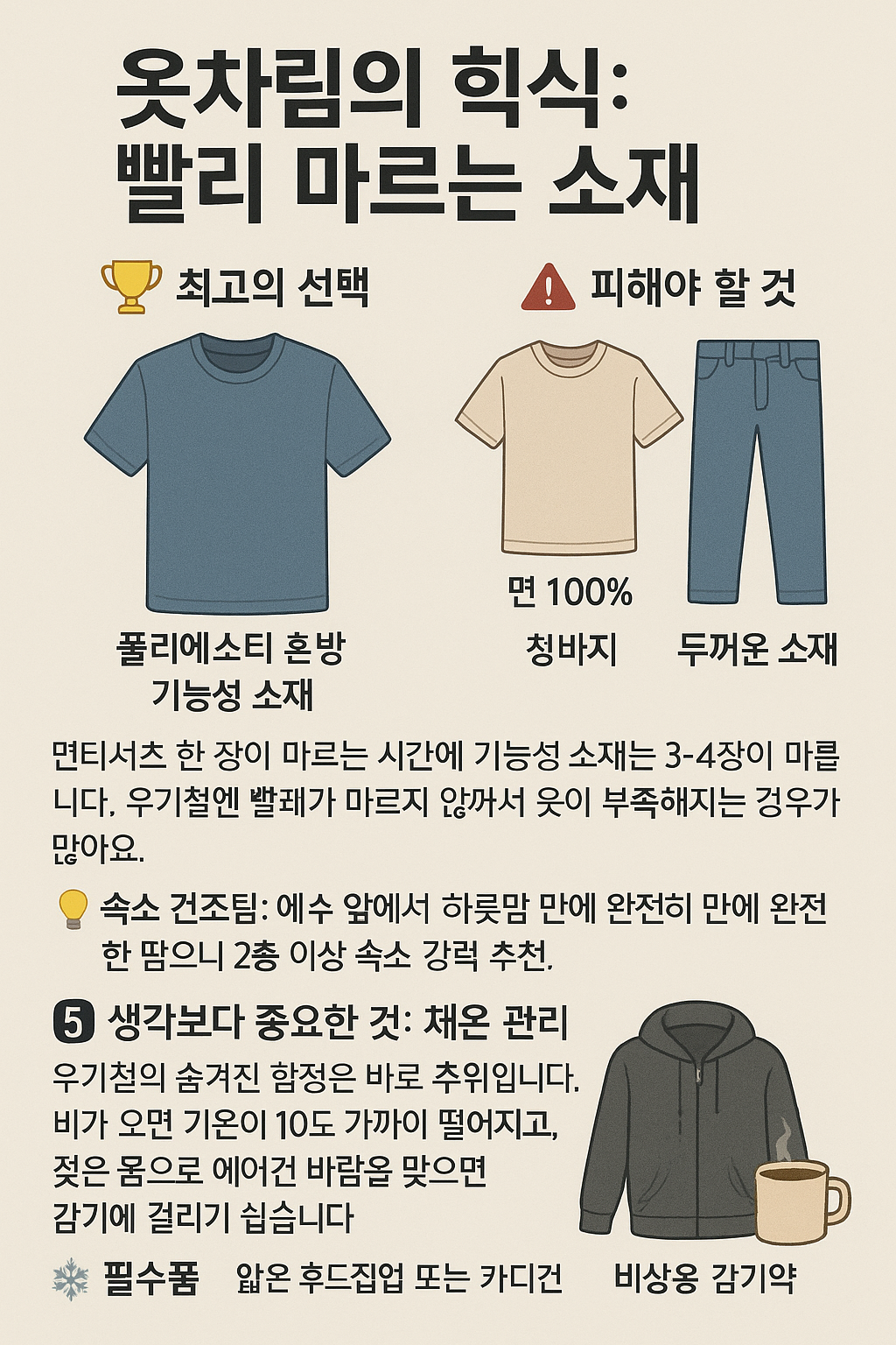 베트남 우기철 옷차림 가이드 인포그래픽 - 폴리에스터 혼방 추천, 면 100% 피해야 할 것,
빨리 마르는 소재 3-4배 빠름, 체온 관리의 중요성, 후드집업과 감기약 필수 아이템 안내