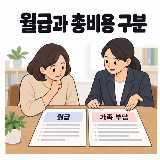 월급과 총비용 구분 제목 아래 보호자와 상담 직원이 월급 및 가족 부담으로 표시된 두 자료를 살펴보는 모습