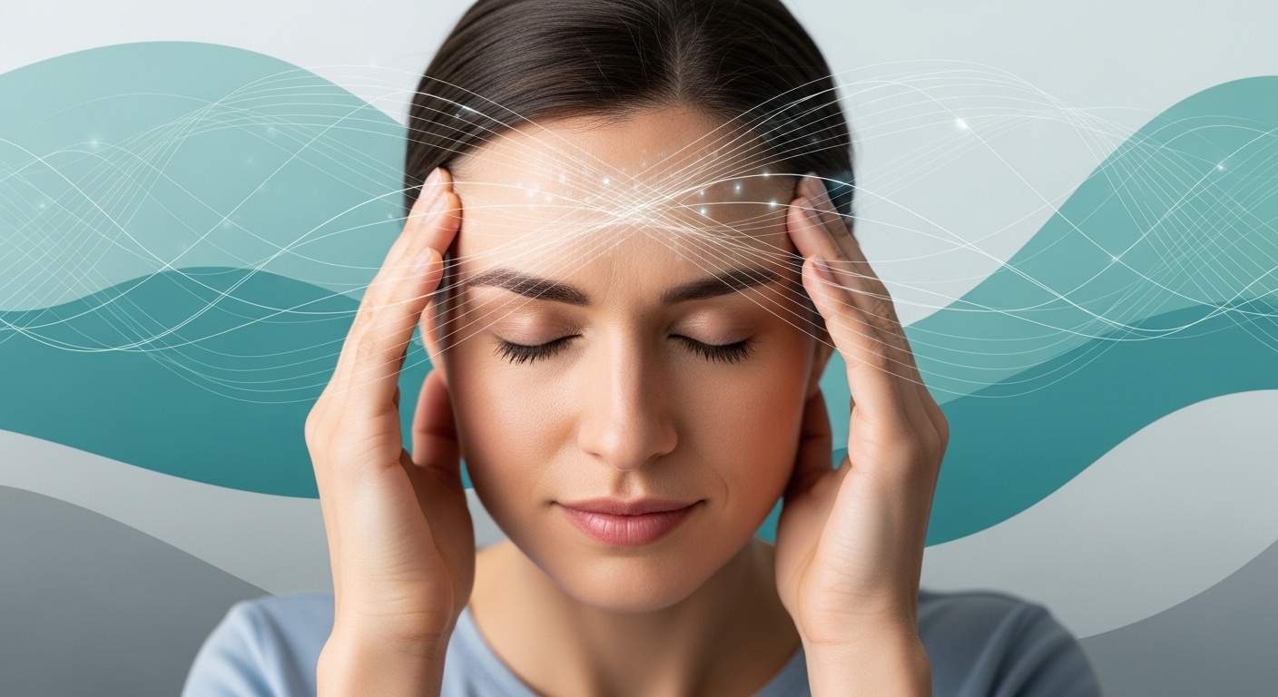 편두통이 완화되어 안도하는 사람의 모습과 편안함을 상징하는 배경이 어우러져 마그네슘의 두통 완화 효능을 나타내는 그림