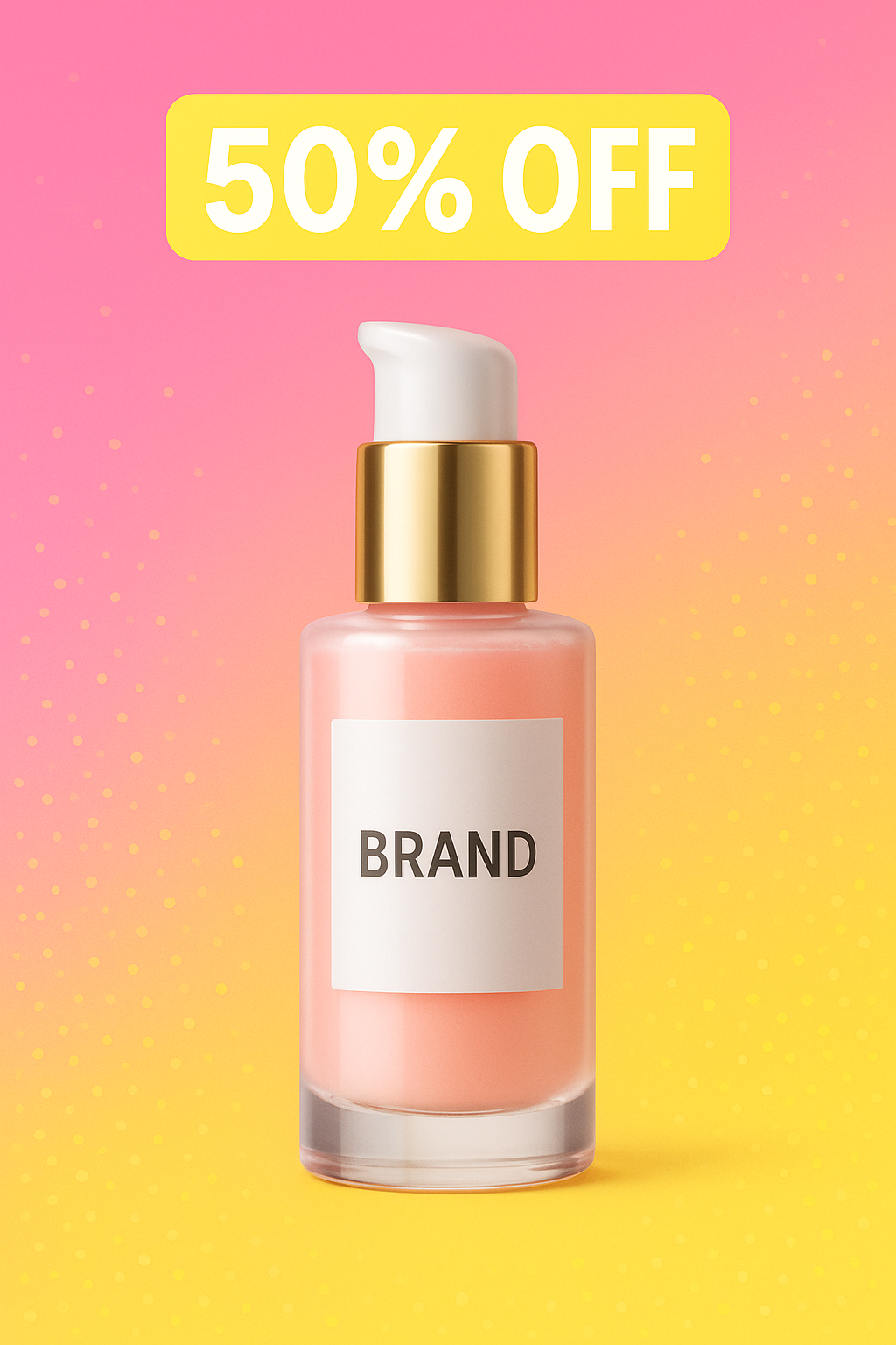 밝고 트렌디한 스타일, 핑크 &amp; 옐로우 포인트 컬러, 중앙에는 제품 사진 (예: 화장품), 상단에는 큼직한 할인 문구, 깔끔한 그라데이션 배경, 고화질, SNS 광고 배너용