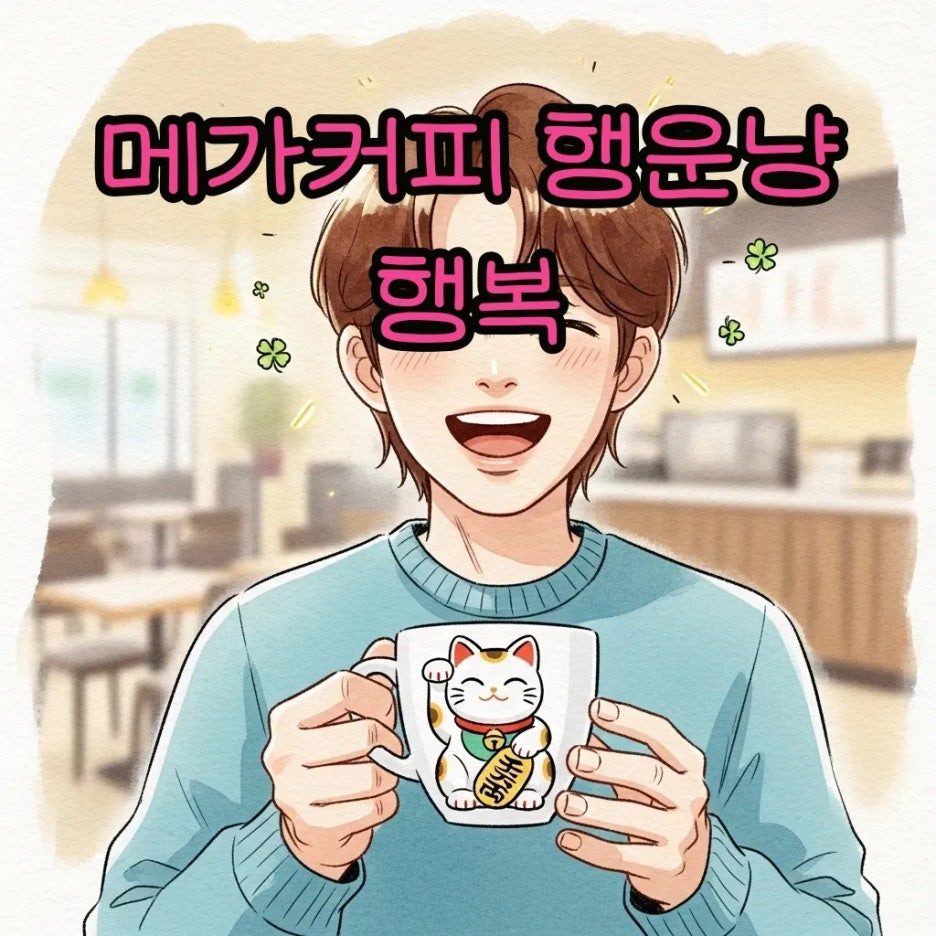 행운냥이 그려진 메가커피 컵을 든 행복한 사람