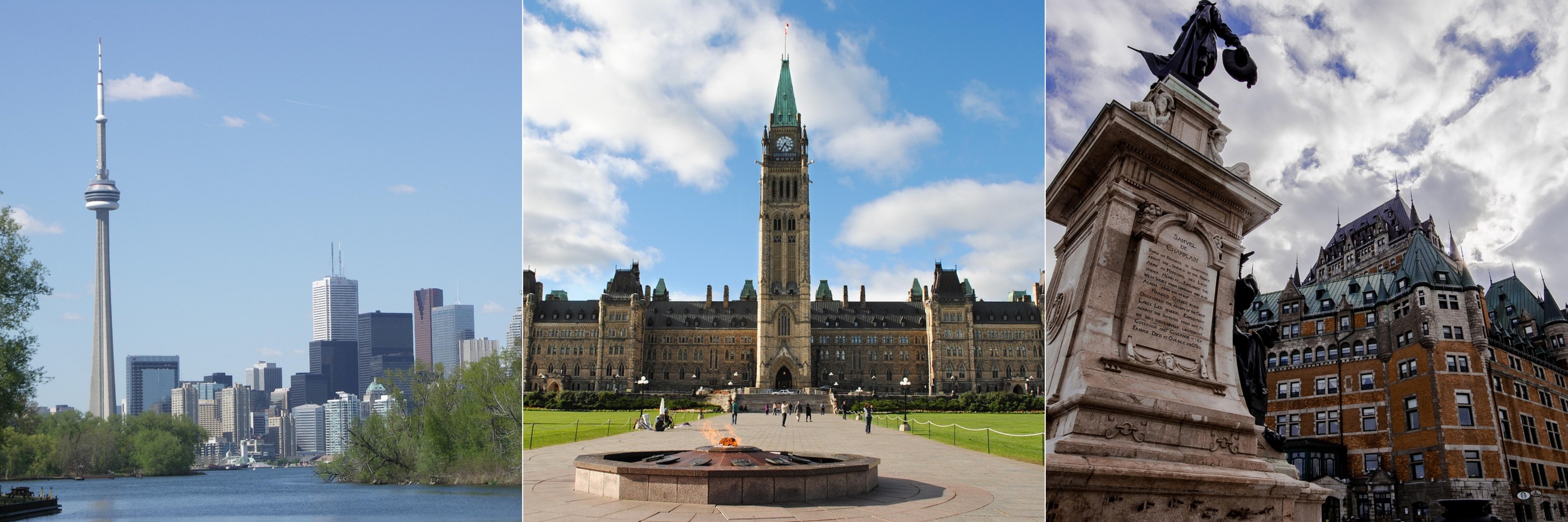 왼쪽부터 토론토 CN타워, 오타와 국회의사당, 퀘백의 샤토프롱트낙