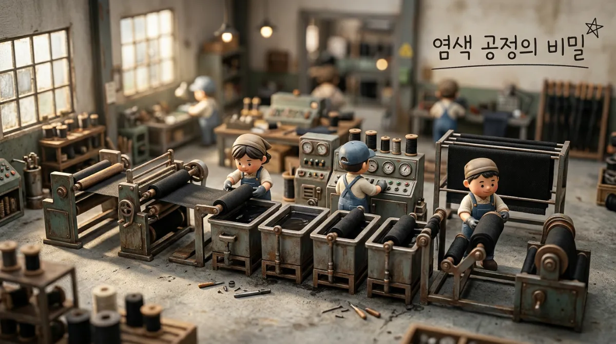 우산 공장에서 검은 원단을 염색하는 제조 공정