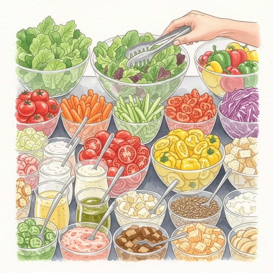 신선하고 다채로운 재료의 샐러드바 전경