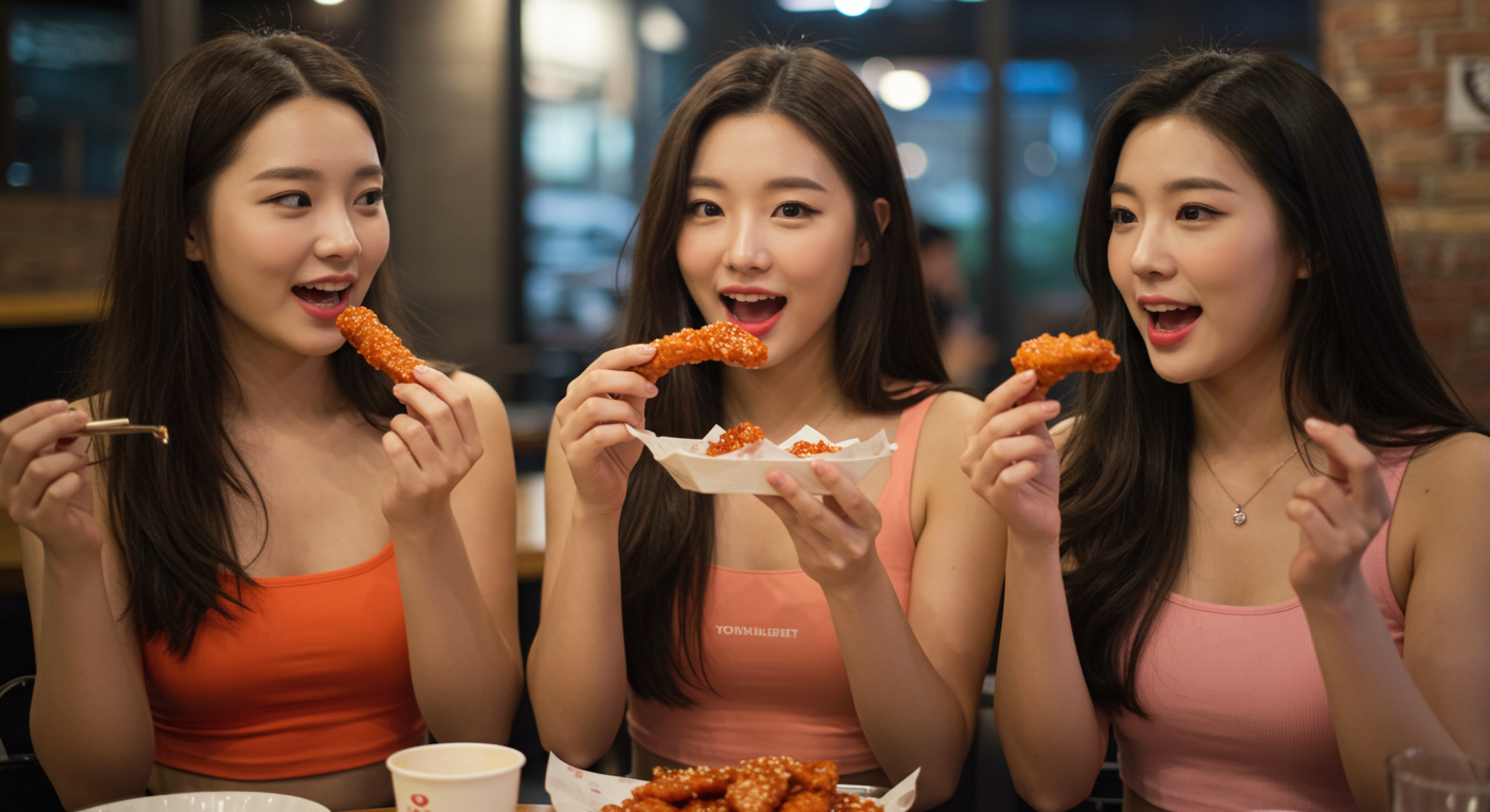 치킨을 먹는 세 여자