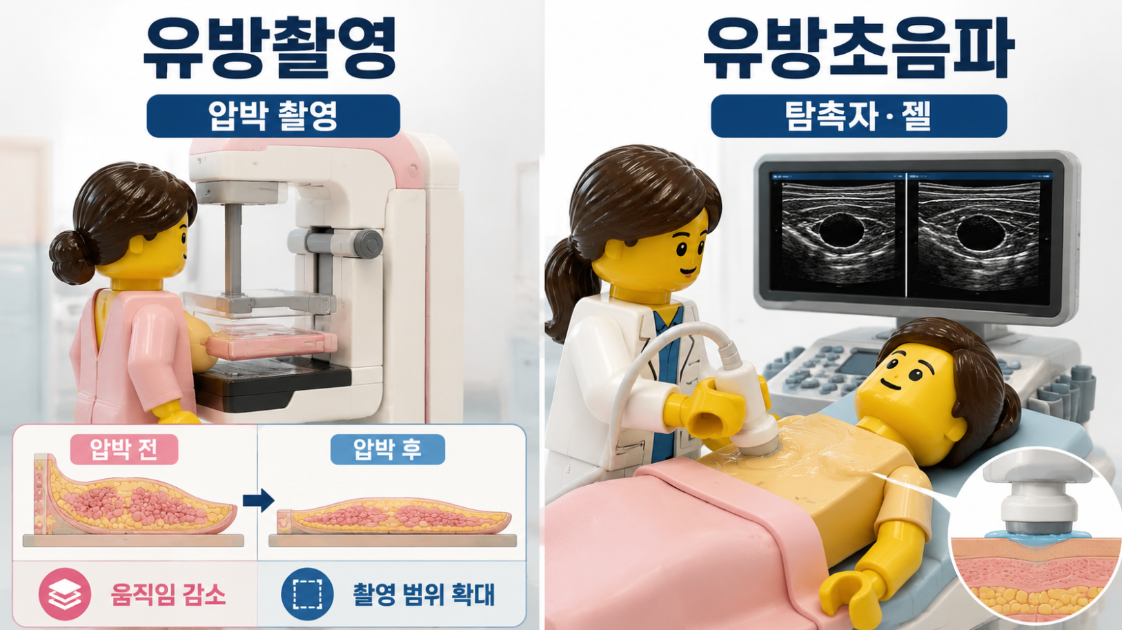 유방촬영 압박 과정과 유방초음파 탐촉자&middot;젤 사용 방법 비교