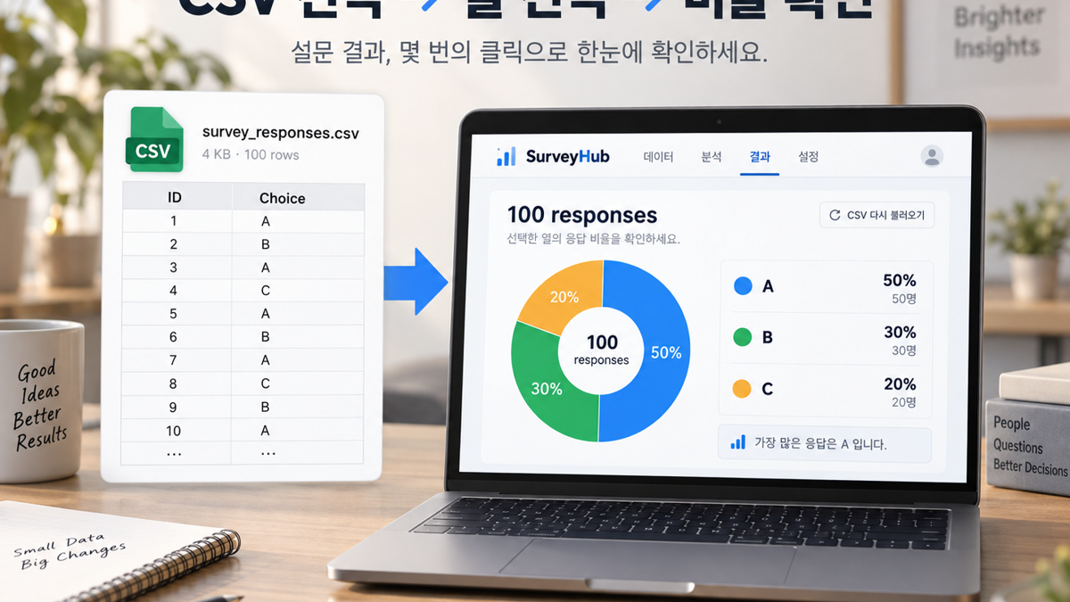 CSV 선택부터 열 선택과 비율 확인까지의 설문 요약 도구 입력·출력 흐름