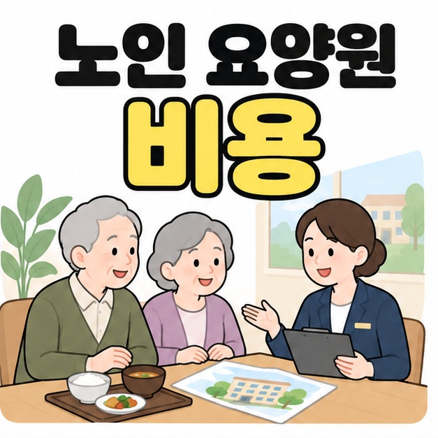 노인 요양원 비용 제목 아래 두 어르신이 식사와 시설 안내 자료를 앞에 두고 담당자와 상담하는 대표 이미지