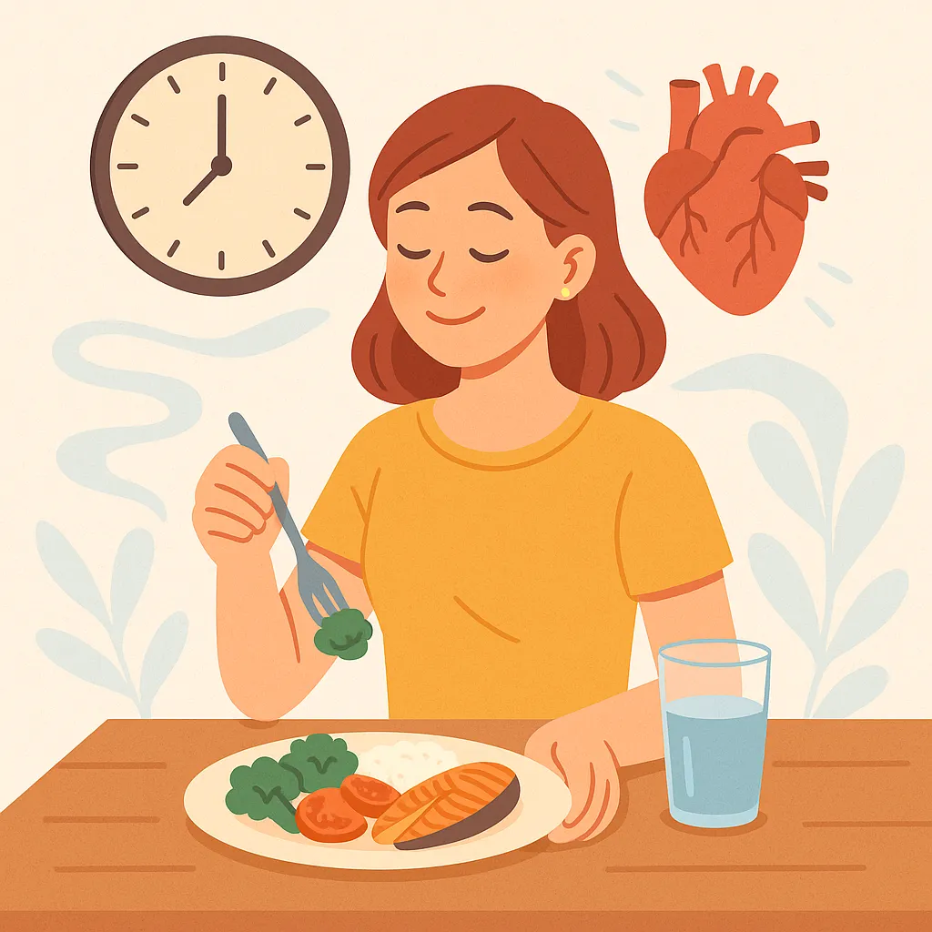 규칙적인-식사-시간을-지키며-건강한-식단을-즐기는-여성이-균형-잡힌-생활습관을-유지하며-신체리듬과-소화건강을-향상시키는-모습을-표현한-일러스트