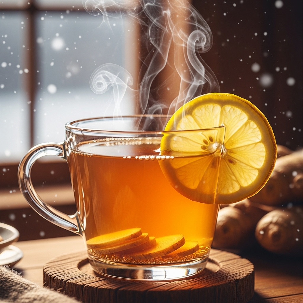 김이 나는 따뜻한 생강차와 레몬 조각이 담긴 유리컵. 겨울철 수분 섭취와 면역력 강화에 좋은 차를 상징합니다.