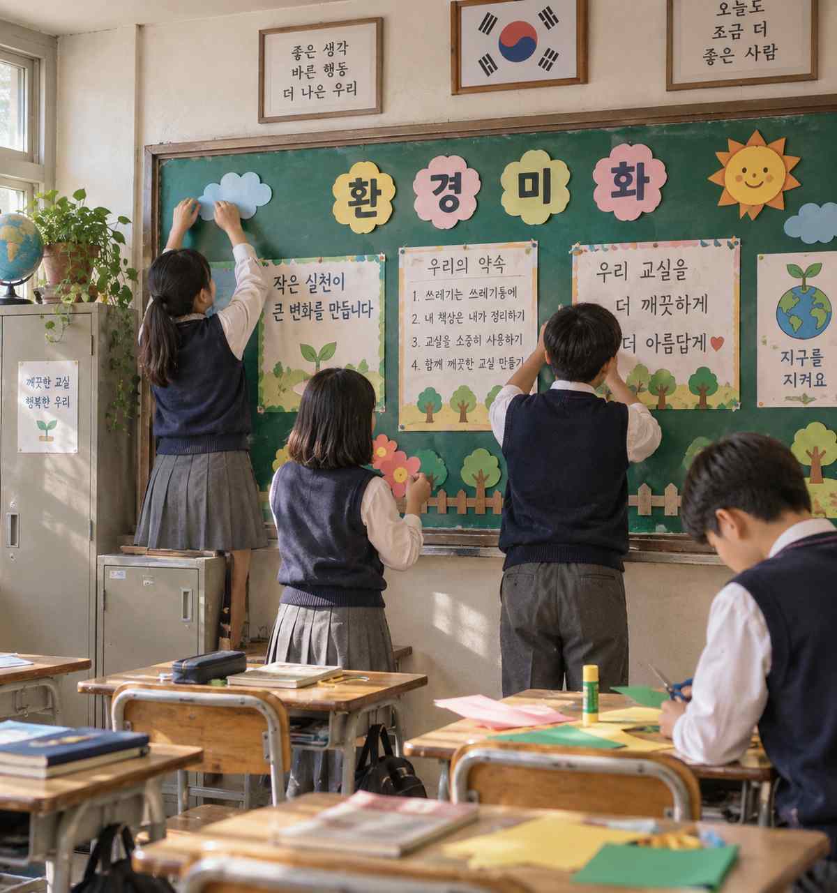 교실에서 학생들이 색지와 도화지를 이용해 게시판 장식을 만드는 모습