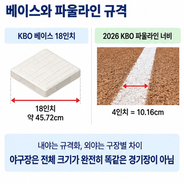 18인치 베이스 10인치 마운드 높이와 2026 KBO 파울라인 4인치 규격을 정리한 이미지