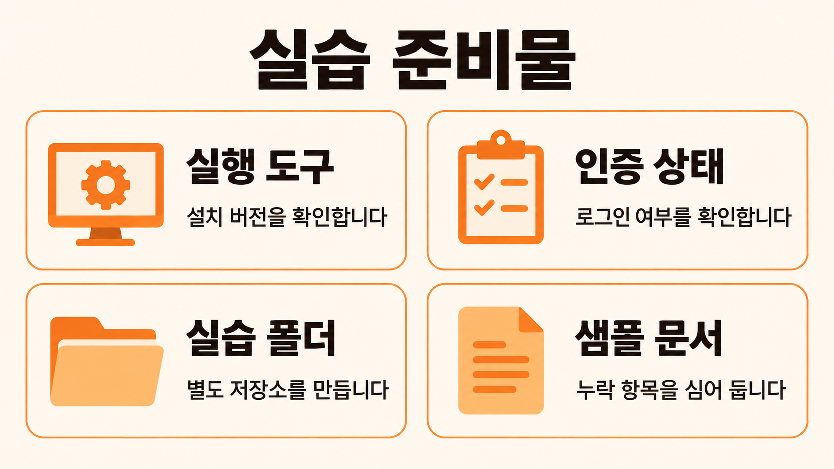 도구&middot;인증&middot;실습 폴더&middot;샘플 문서를 준비하는 네 가지 항목