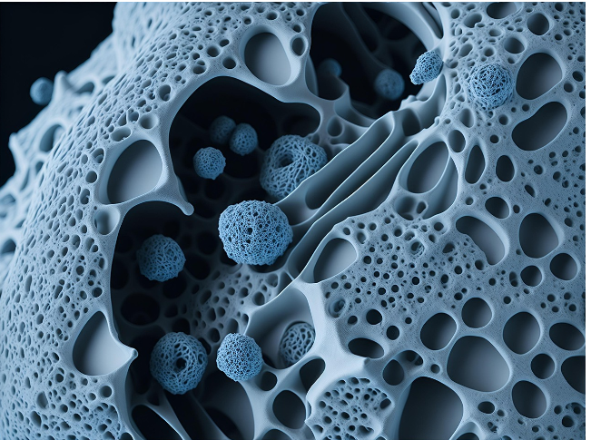 3D 렌더링된 세포 구조 속 미생물 입자들이 퍼져 있는 이미지로, 장내 마이크로바이옴의 복잡한 생태계를 표현