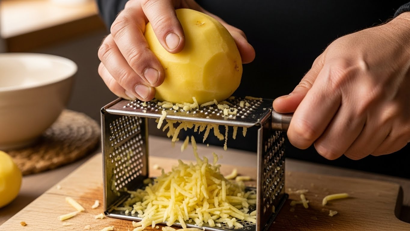 전통 강판에 감자를 갈아 옹심이 반죽을 만드는 과정