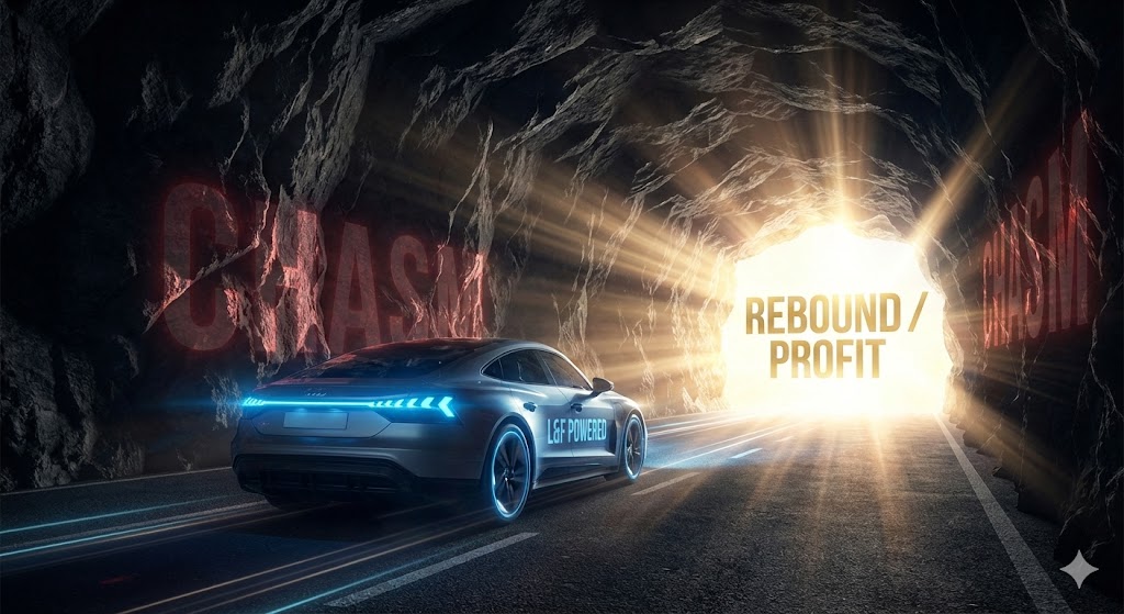 어두운 터널(캐즘)을 지나 밝은 빛(반등)이 쏟아지는 출구를 향해 달리는 전기차와 그 위에 실린 엘앤에프 배터리