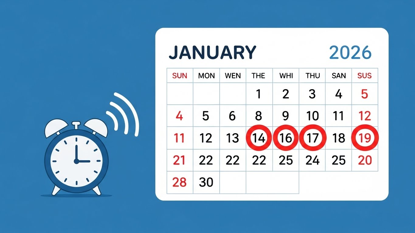 2026년 1월 달력에 표시된 연말정산 기간을 확인하며 일정을 놓치지 않도록 주의를 환기하는 그래픽