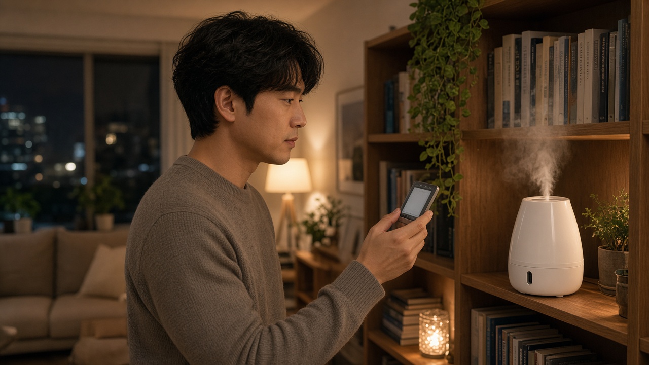 가습기 옆 온습도계로 실내 습도를 확인하는 30대 한국인 남성