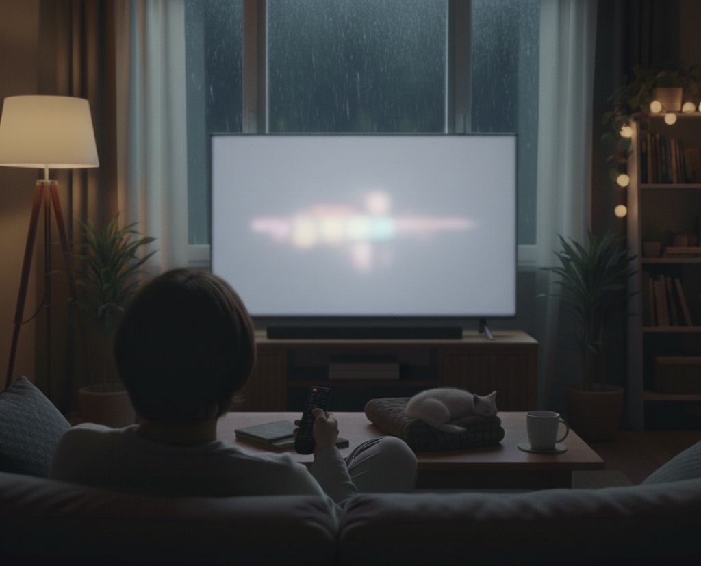 밤에 혼자 거실에서 드라마 목록을 보며 무엇을 볼지 고민하는 모습