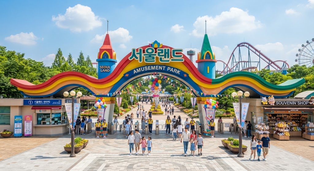 알록달록한 조형물과 축제 분위기가 가득한 서울랜드 정문 전경