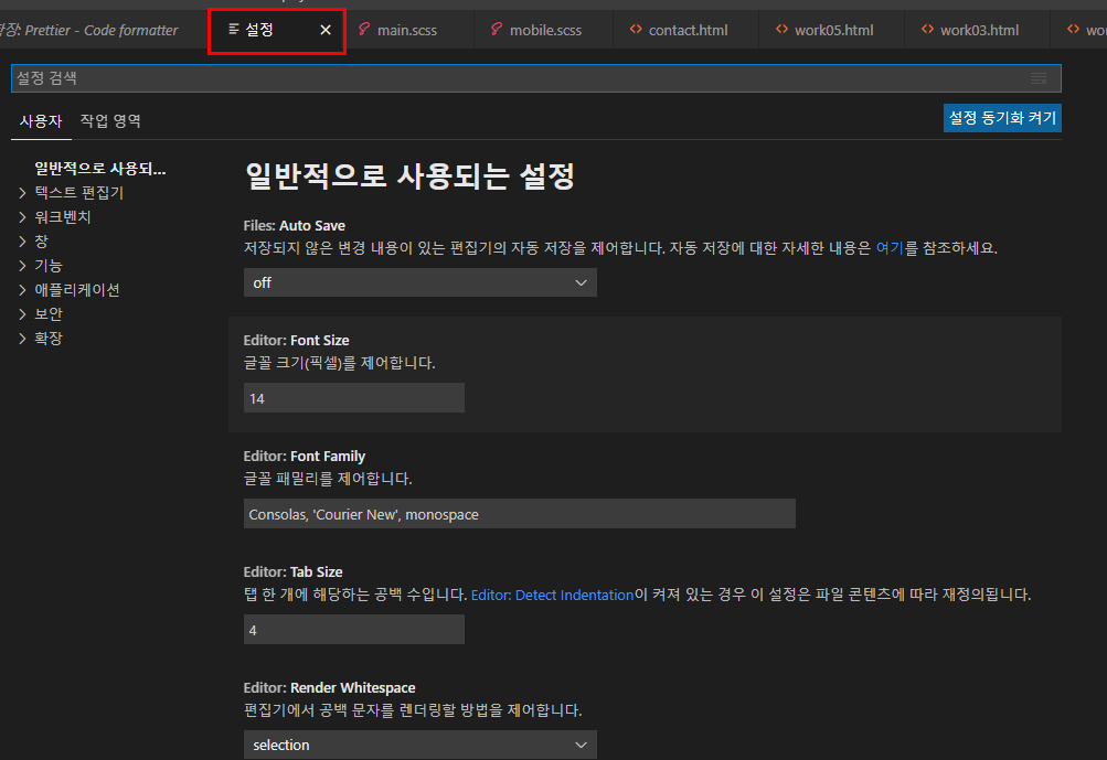 비주얼 스튜디오 코드 설정 창