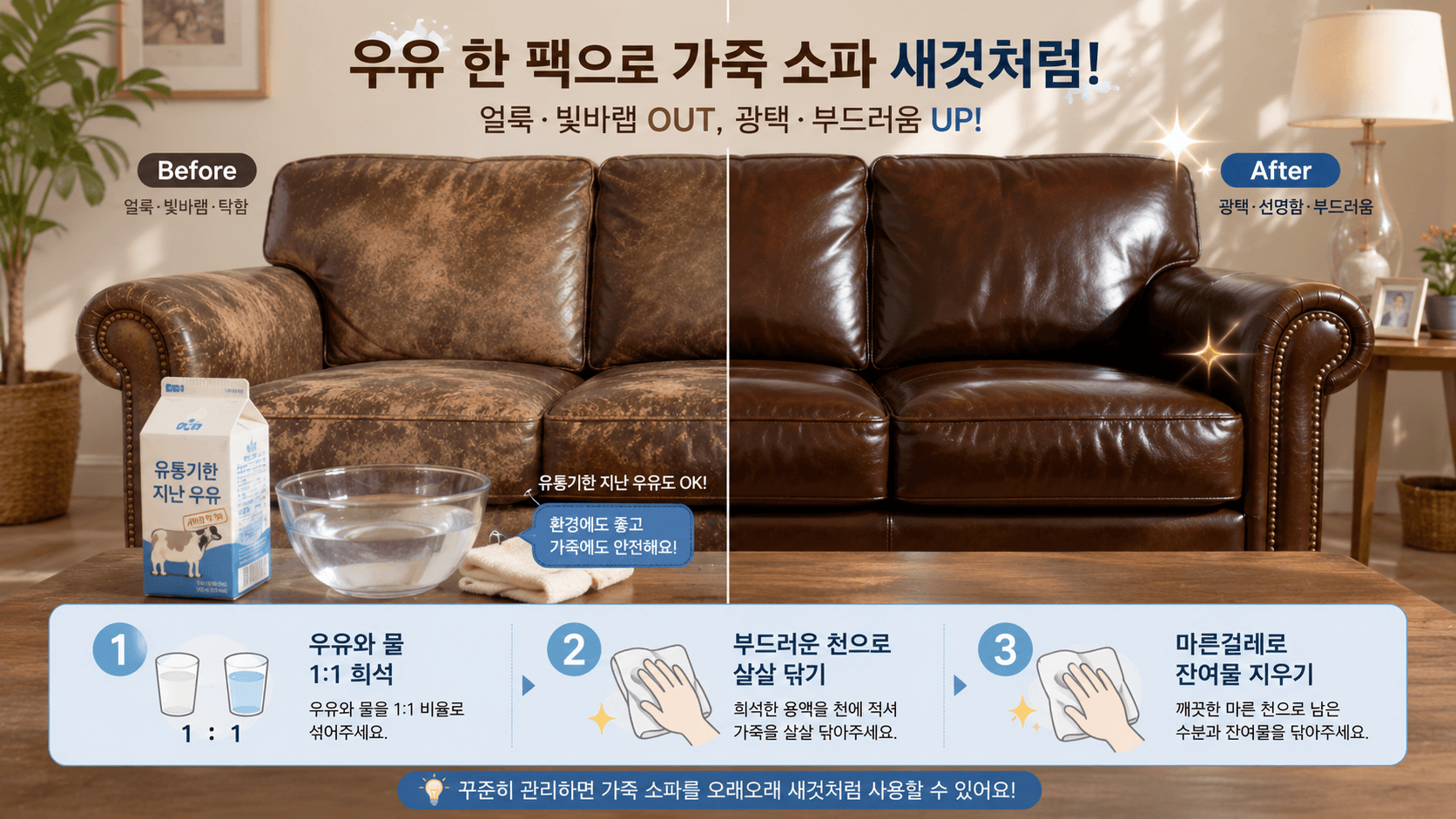 상한우유로 가죽소파 관리하는 이미지